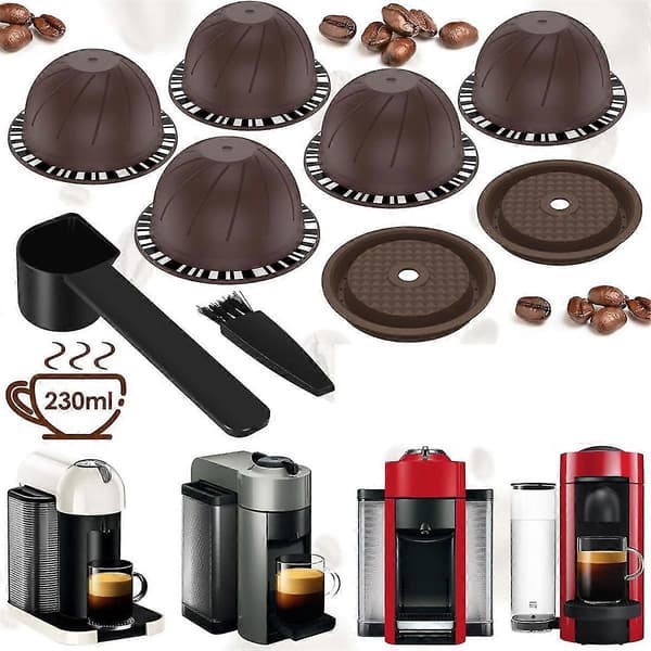 5 Pcs Reusable Vertuo Capsules For Nespresso Machine, Coffee Capsule With 2 Silicone Lids 1 Spoon And Brush, (150ml)-FA-