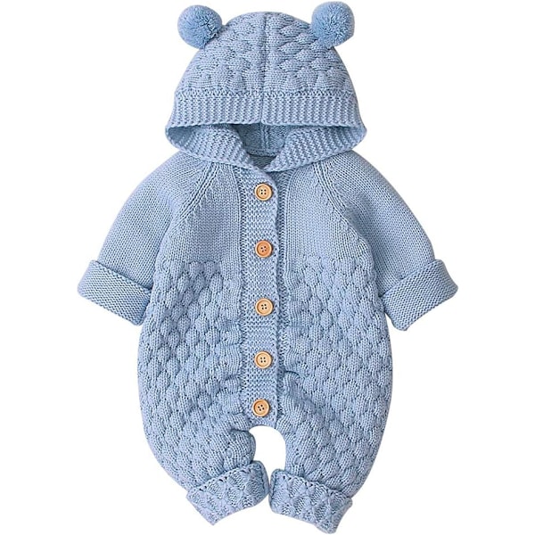 Nyfödd bebis hörselskydd stickad overall jumpsuit varmare snödräkt för pojkar flickor ljusblå 80cm Light Blue 80 cm