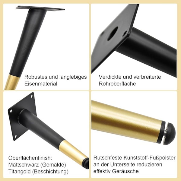 4-pak sorte og guld metal møbelben, 20 cm udskiftningsben til TV-bord, underskab og skab