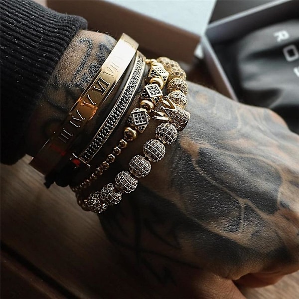 4-pack Lyxiga Krona Kub Charm Armband för Män Trendig Romerska Siffror Rostfritt Stål Armband Set Smycken Present 3