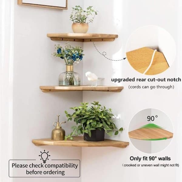 Set of 2 - 7\" Solid Oak Corner Shelves - Wall Mounted Round Floating Shelves - With Cable Hole for Speakers, Plants or Picture Frames - Natural-FA-