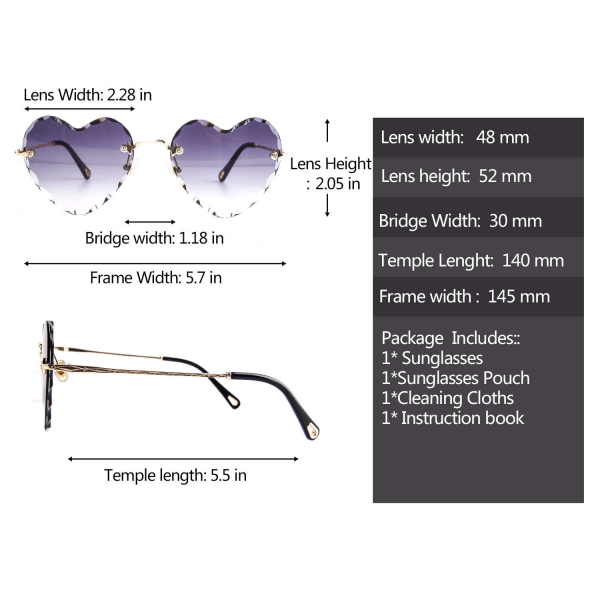 Hjärtformade solglasögon utan ram, tunna metallbågar