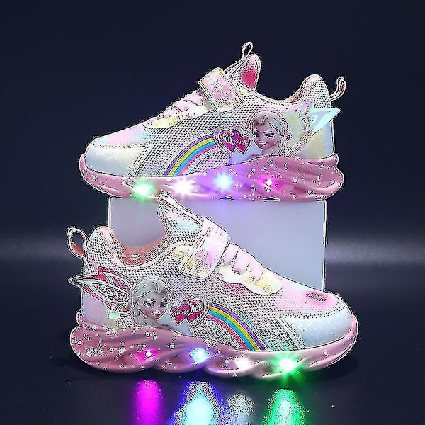 Flickor Led Casual Sneakers Elsa Prinsessa Tryck Utomhusskor Barn Ljus-upp Halkfria Skor för Vår och Vinter - Yzy Rosa Pink 26-insole 16cm