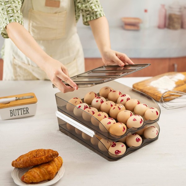 Egg Box with Lid, Automatic Rolling Refrigerator Egg Storage