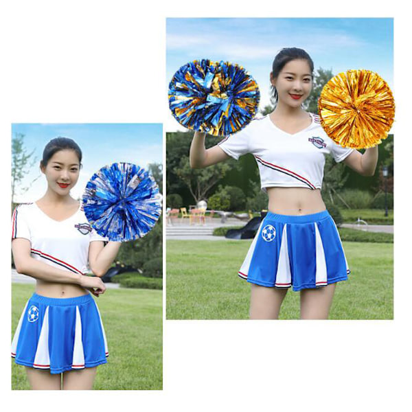 2 kpl Metallinhohtoisia pompom-huiskia cheerleadingiin gold silver