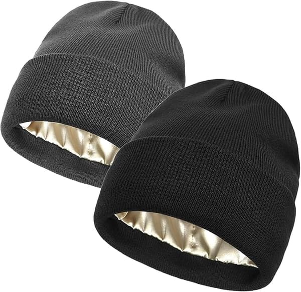 Unisex mössa 2-pack, vinterstickad mössa med satinsilkesfoder, mjuk varm mössa med vikt brätte för män och kvinnor-FA-