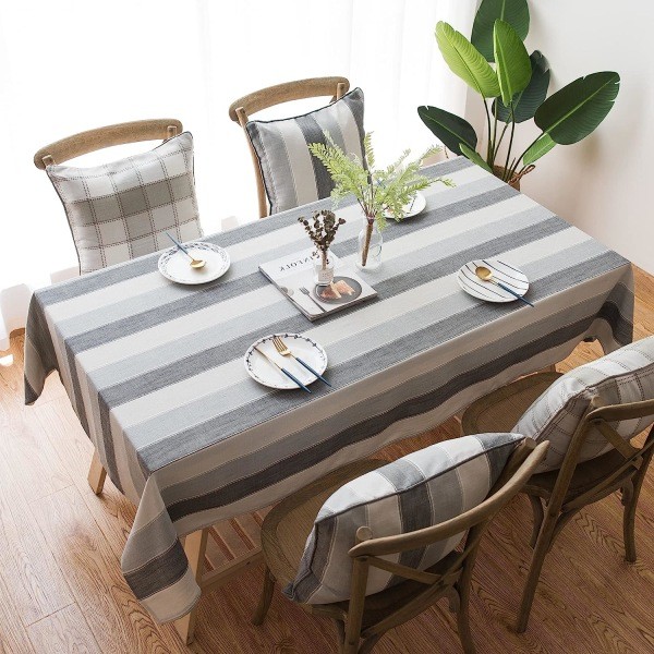 Skrynkelfri Farmhouse Köksduk, bomullslinnetyg Små rektangulära dukar, grå rand, rektangel, 55x70 tum, 4 till 6 platser