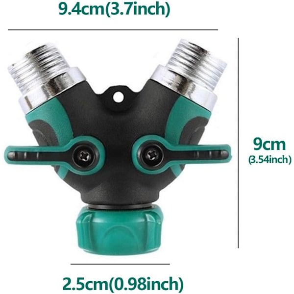 2-vejs vandhanedeler 3/4\", haveslangeforbindelse med individuelle tænd/sluk-ventiler, hane-adapter med 2 tilslutninger og 4 gummibrikker