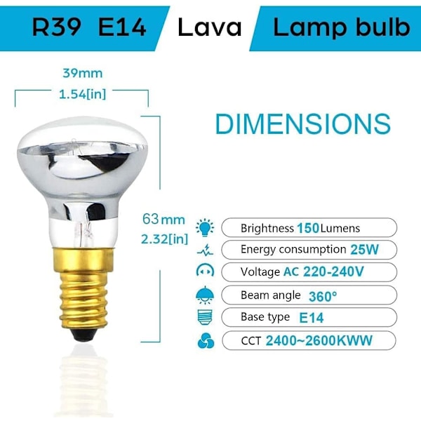 2-pak R39 E14 Reflekterende Glødelampe Spotlight Dimbar Lava Lampe 25W S