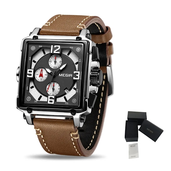 Klockor för män Vattentät Läder Quartz Armbandsur Luminous Kronograf Datum Kalender Herrklocka Brown