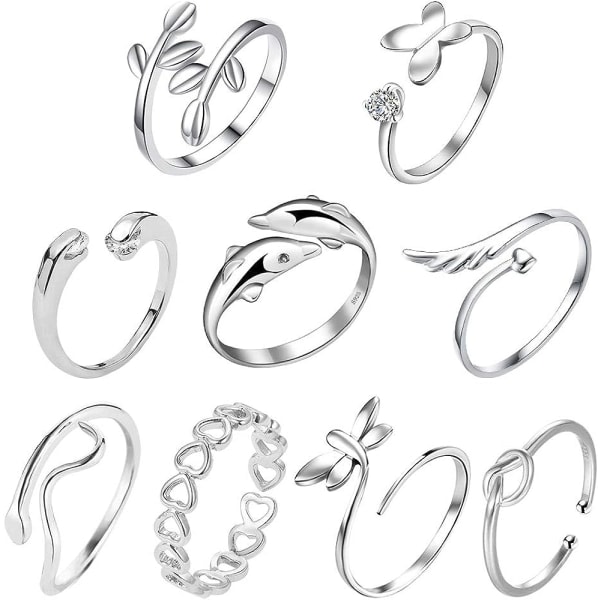 9:a Silver Justerbara Ringar Set Knot Justerbar Finger Ring Led Ring Tå Ring Strandsmycken Presenter för kvinnor Flickor