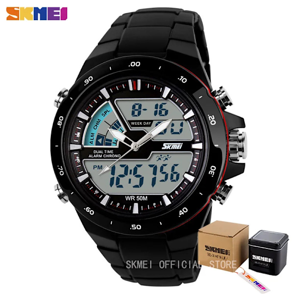 SKMEI Ur Herre Mode Casual Analog Digital Armbåndsur Alarm 30M Vandafvisende Militær Chrono Kalender Relogio Masculin BlackRed with box