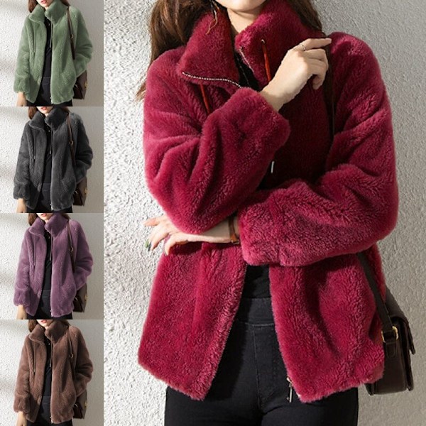 Dam Fleece Fluffig Teddybjörnjacka Enfärgad Fickjacka Ytterkläder Röd 3XL Röd