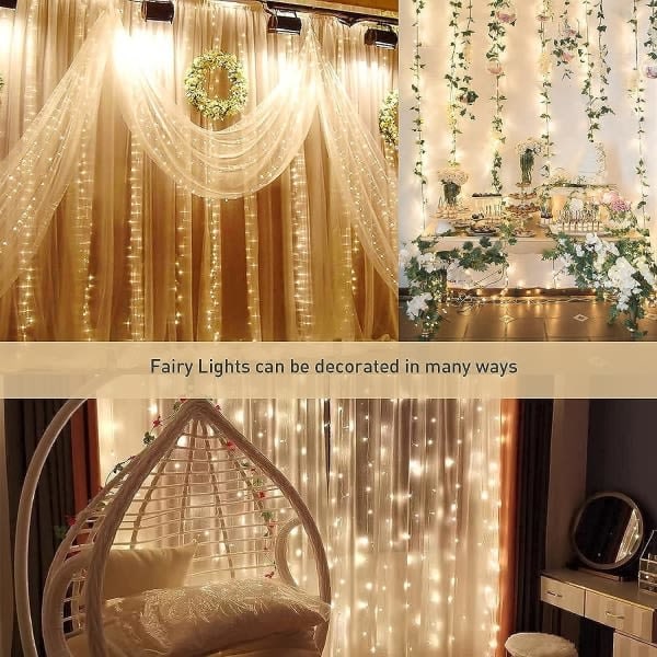300 LED-valosarjan verhotyyliin, 8 valaistustilaa, 2,95 m x 2,8 m