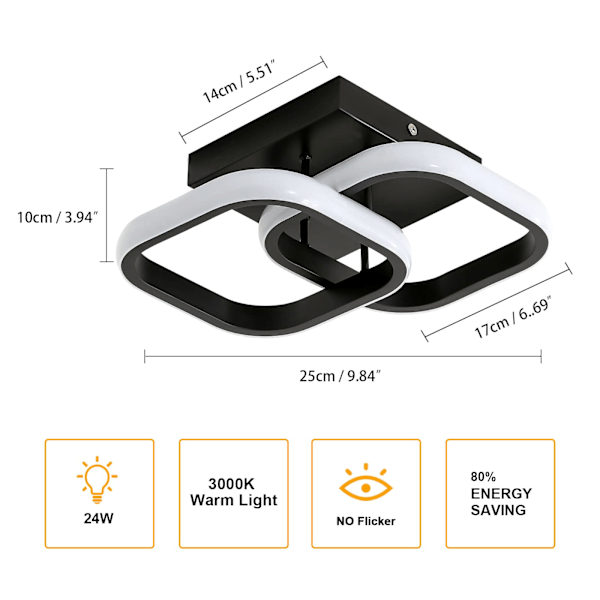 Moderne LED-taklampe - Kvadratisk taklampe 22W 2300LM for gang, soverom, bad, kjøkken, stue - Varmt hvitt lys
