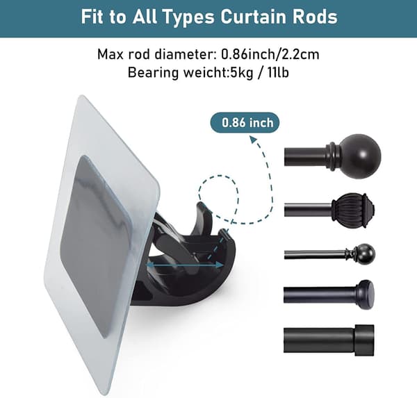 8-pack Curtain Rod Brackets No Drilling, Clear Plastic Self-Adhesive Rod Holder, Black-FA-