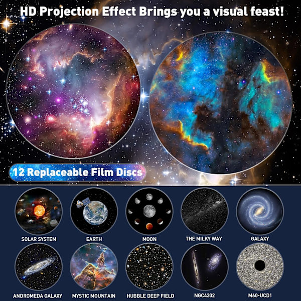 Planetarium Stjerneprojektor, Galaxy Projektor, Realistisk Stjernehimmel Natlys med 12 Filmdiske, Solsystem Konstellation Måne til Børneværelse Stue