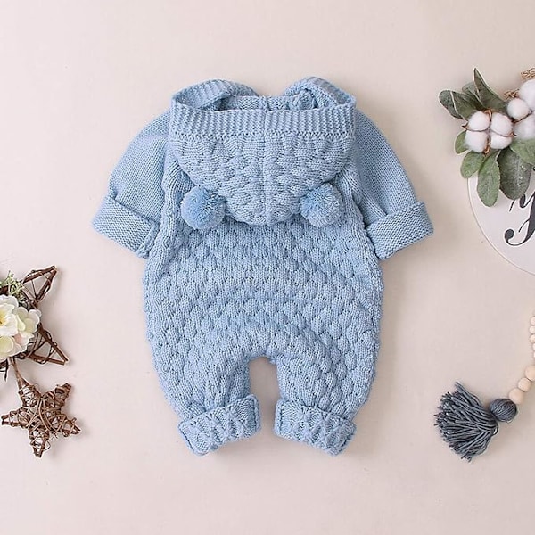 Nyfødt baby hørebeskyttelse strikket overall jumpsuit varmere sne-dragt til drenge piger lyseblå 80cm 80 cm Light Blue 80 cm