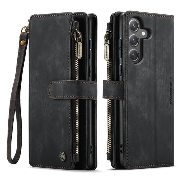(Compatible with Samsung Galaxy S21FE) Luxury Zipper Wallet Case with Detachable Wrist Strap and Multiple Card Slots Black-FY-