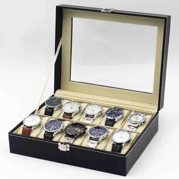 Watchbox Klockbox 10 kellolle ikkunalla, musta valkoisella ompeleella black 1010