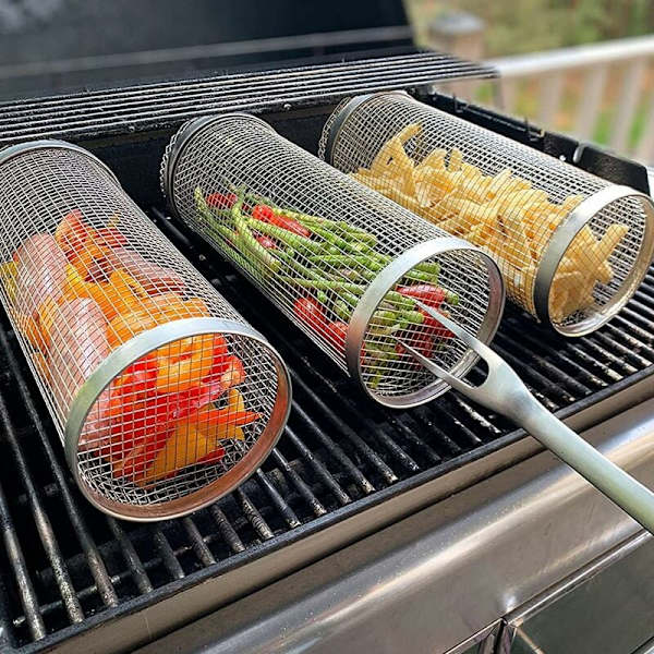 Grillkorg i rostfritt stål, grillkorg för grönsaker, rund lägereldgrill, utmärkt grillverktyg för att grilla grönsaker, fisk, kött
