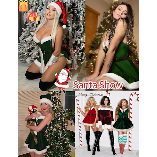 Sensuel Jul-Kjole Sæt, Babydoll Chemise i Fløjl, Nattøj til Kvinder, Premium Julegrøn Xmas Green X-Large