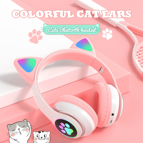 Flash Light Cute Cat Ears Wireless Earphones with Mic Can Control LED Black