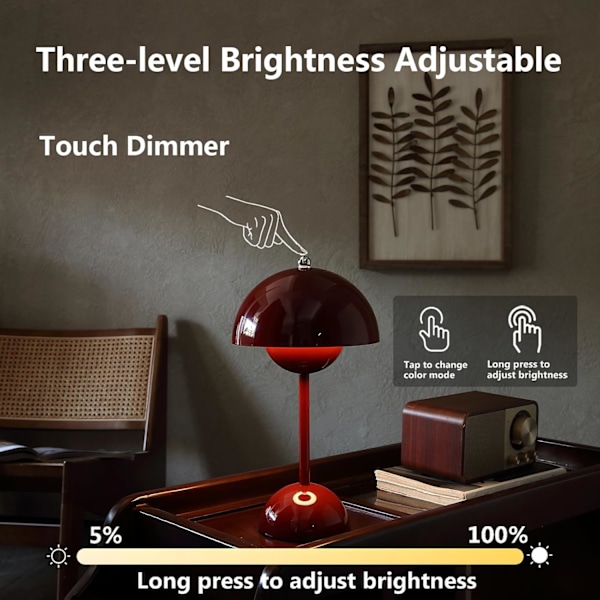 Trådløs bordlampe i blomsterpotte, 1800 mAh batteri-bordlampe, bærbar utelampe, liten oppladbar lampe (rød)