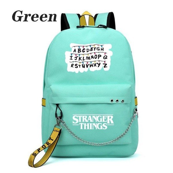 Stranger Things USB Opladnings Rygsæk Skoletaske Grøn green