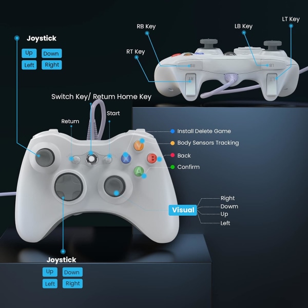 Trådbunden handkontroll för Xbox 360, spelkontroll för 360 med dubbla vibrationer Turbo kompatibel med Xbox 360/360 Slim och PC Windows 7,8,10