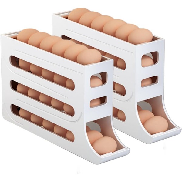 2 st Ägghållare för Kyl, Äggdispenser Automatisk Rullande Äggbricka Förvaring 30 Ägg Vit 2PCS White