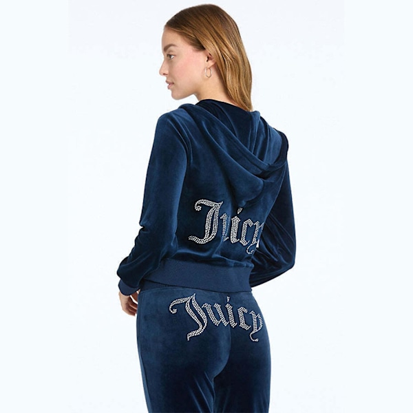 Fløjls Hoodie Tracksuit Kvinder Velour Lynlås Trøje Bukser Sæt Sportstøj Forår Efterår Kvinder Crop Top Tracksuit Med Diamanter Y2k L Light Blue