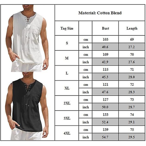 Mænds Middelalderlig Renæssance Viking Pirat Linned Skjorte Casual Ærmeløs Snøre Strand Hippie Toppe Sort Black 2XL