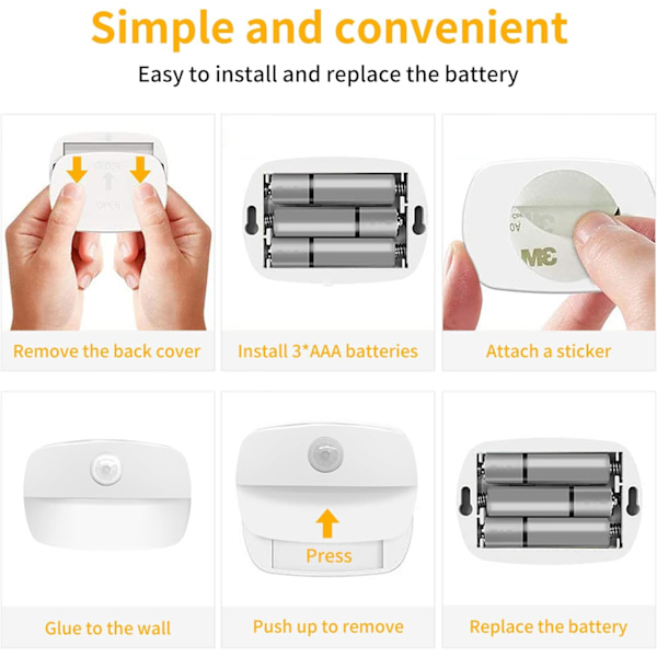 Led nattlampa, 2-pack rörelsesensorlampor inomhus, stick på nattlampa med batteridriven, nattlampa för barn i sovrummet, automatisk ON/OFF, vit