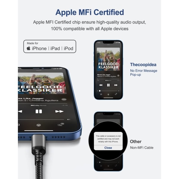 Bil Aux-lydkabel for iPhone, Lightning til 3,5 mm Nylon Stereo Audio