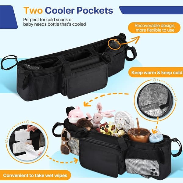 Double Stroller Organizer for Bob Duallie and Baby Jogger City Mini GT2, Double Stroller with 2 Cooler Pockets-FA-
