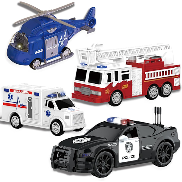 Paloauto-, ambulanssi-, poliisiauto- ja helikopterpaketti, lelusetti hätäajoneuvoilla, valoilla ja äänillä, kitkamotoriset autot