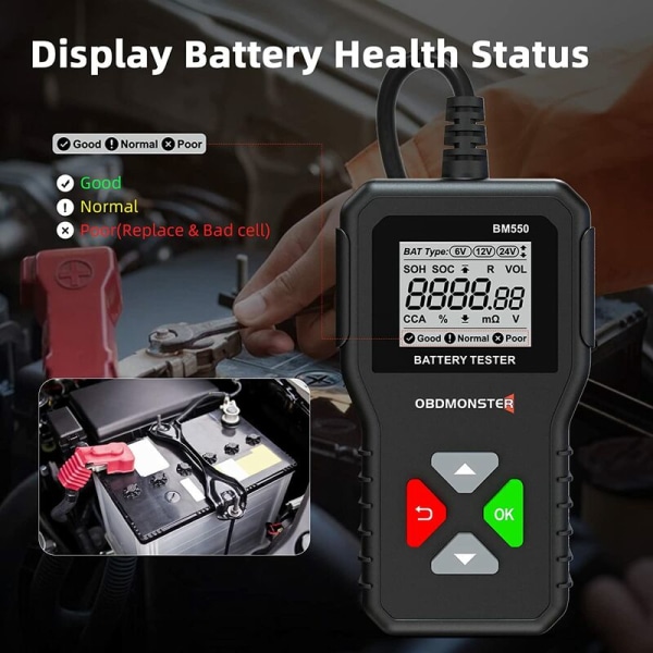 6V 12V 24V Batteritester, 100-2000 CCA 2Ah-220Ah Bilalternatortester Digital Batterianalysator til Bil/Lastbil/Motorcykel/ATV/SUV/Båd/Yacht