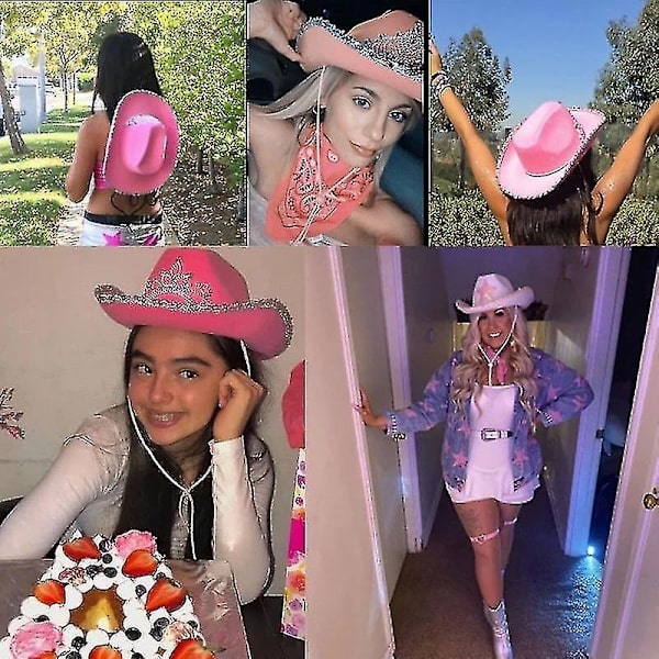 Rosa Cowboyhatt i Western Stil, Tiara Cowgirl Cap, Cowboy Partyhatt pink silver edge