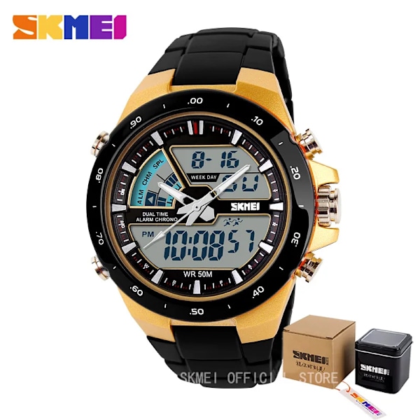 SKMEI Klokker Herr Mode Casual Analog Digital Armbåndsur Alarm 30M Vanntett Mann Militær Chrono Kalender Relogio Masculin GoldBlack with box