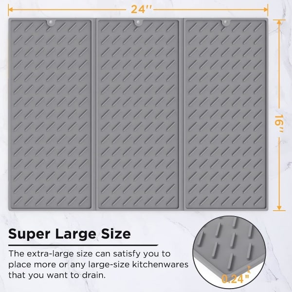 IC Silikon Drænmatte, 61 x 41 cm, Opvaskestativ, Foldbar Stor Opvaskestativ til Køkkenbord, Varmebestandig Grydeunderlag, Grå