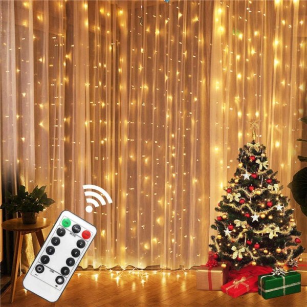 USB 300 LED-gardinlampa, 3*3 vita ljusslingor, 8 lägen inomhus