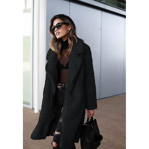 Dam Plysch Lapel Lång Kappa Vinter Fleece Parka Långärmad Trench Coat Vinterjacka CNR Z X Svart Black M