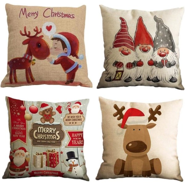 Set of 4 Christmas Pillow Cover Cotton Linen Decorative Print