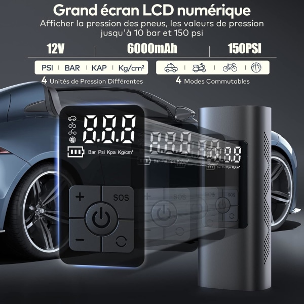 6000mAh Mini Elektrisk Luftpump, Bärbar Luftkompressor Sladdlös Däckuppblåsare 150PSI med Digital LCD-display, Elektrisk Cykelpump med LED-ljus