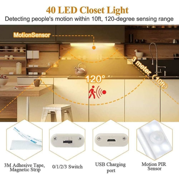 40 LED-lamper til garderobeskab, bevægelsessensor, USB-genopladelig, 4 tilstande, 30 cm varmt lys