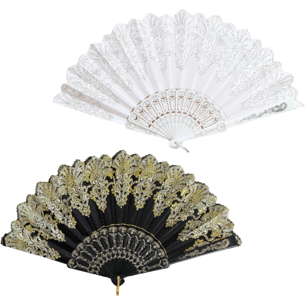 Set med 2 vintage handfläktar fällbara fläktar klassisk serie för bröllop