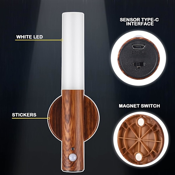 2 st rörelsesensor nattlampa magnetisk vägglampa USB LED-lampor uppladdningsbar stick trådlös trappa inomhus trävägglampor med stort batteri