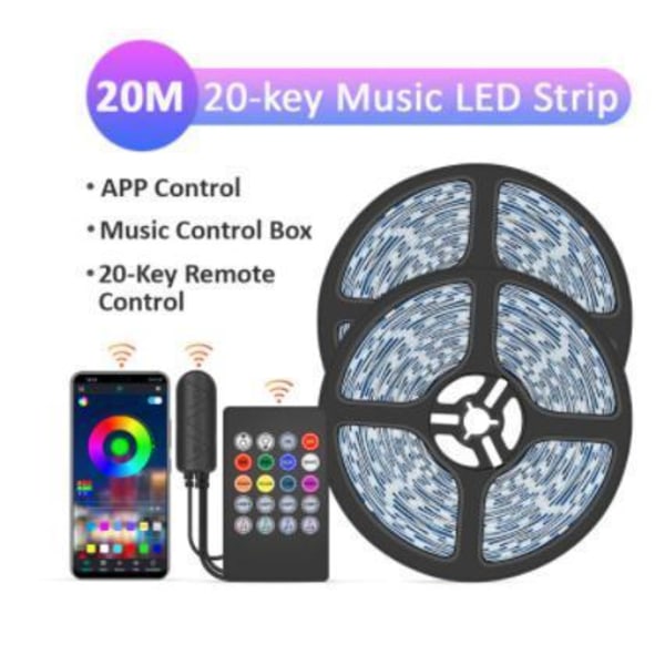 20M - 20-Tast Musik LED-Strips - APP-styring - Musikstyringsboks MultiColo multicolor 20m 20key music led strip 18LED/m