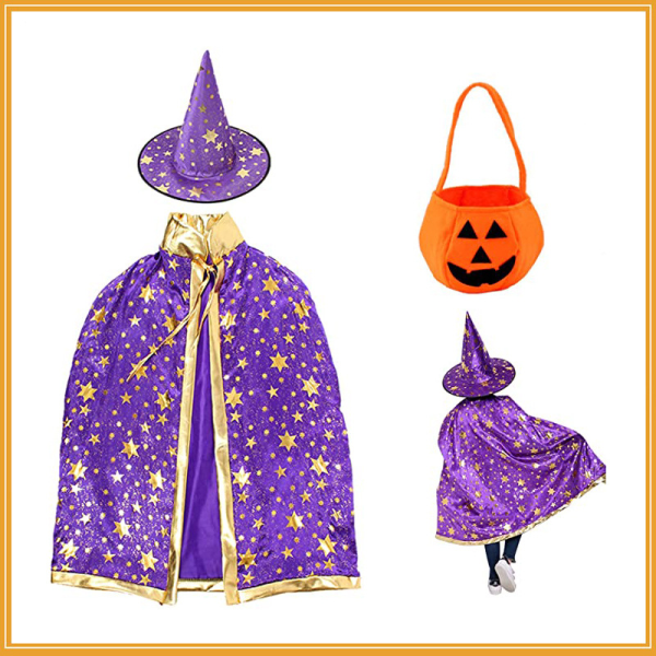 Wizard Cape and Hat Kids with Golden Star Pattern Halloween